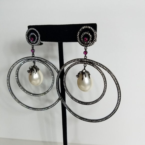 Angelique De Paris Women's Circle Earrings with Pearl Zirconia and Garnet Stone - Picture 7 of 13